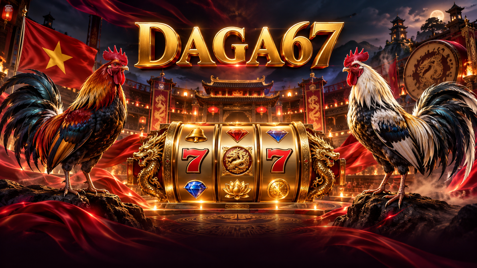 DAGA67, vòng quay Slot màu vàng và hai chiến kê trong khung cảnh lấy cảm hứng từ Việt Nam